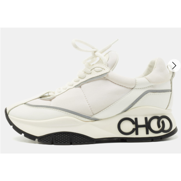 Jimmy Choo Leather and Neoprene Raine Choo Logo Platform Sneakers White EU 37.5 - Picture 1 of 8